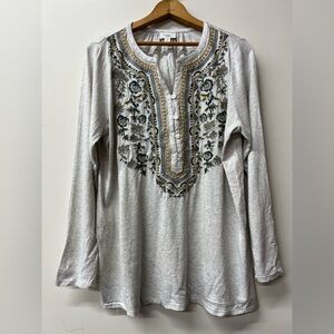 J Jill Embroidered Henley Long-Sleeve Top - Light Gray large petite